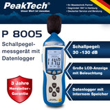 PeakTech 8005 – Medidor de nivel de sonido clase 2 con grabación (32000 valores medidos), calibrado, USB, medidor de dB, Min / Max, registrador de datos, salidas de CA / CC, 30 dB - 130 dB