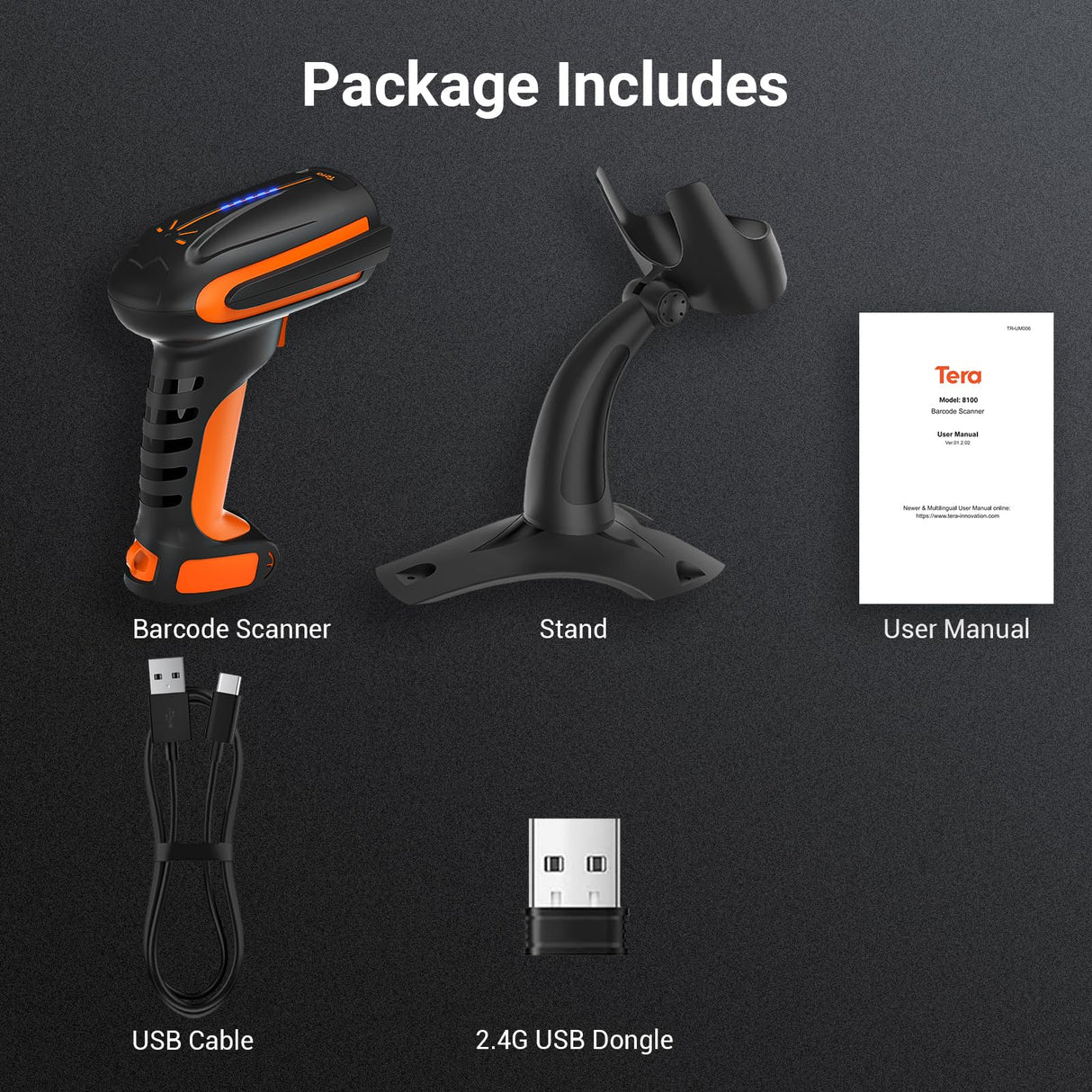 Tera Pro Lector de código de Barras QR de Calidad Industrial 2D Inalámbrico 1D Escáner de Mano 2.4G Inalámbrico + Bluetooth Excelente Resistencia a caídas (3 m) con Soporte súper Estable, 8100