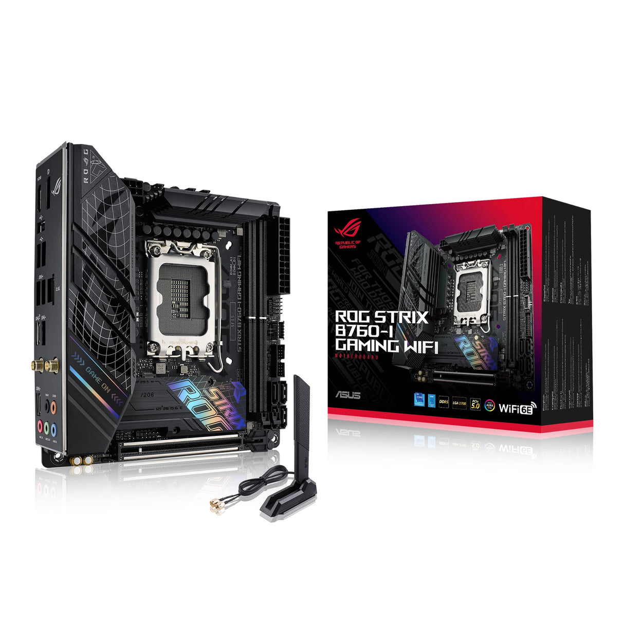 Asus ROG Strix B760-I Gaming - Placa Base Mini-ITX Intel B760 LGA 1700, VRM de 8+1 Fases, DDR5, PCIe 5.0, Dos PCIe 4.0 M.2, WiFi 6E, Ethernet 2.5G, USB 3.2 Gen 2x2 Type-C, AEMP II, RGB