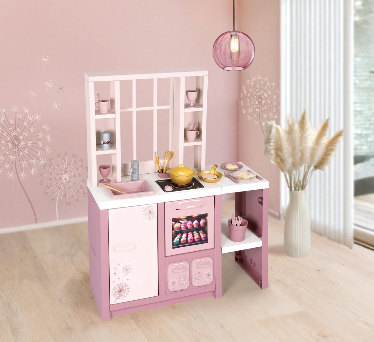 Smoby – Loft Cocina de Juguete Fleur – Cocina Infantil de Estilo Loft Moderno con fogones, Horno, Nevera y 27 Accesorios, para niños a Partir de 3 años