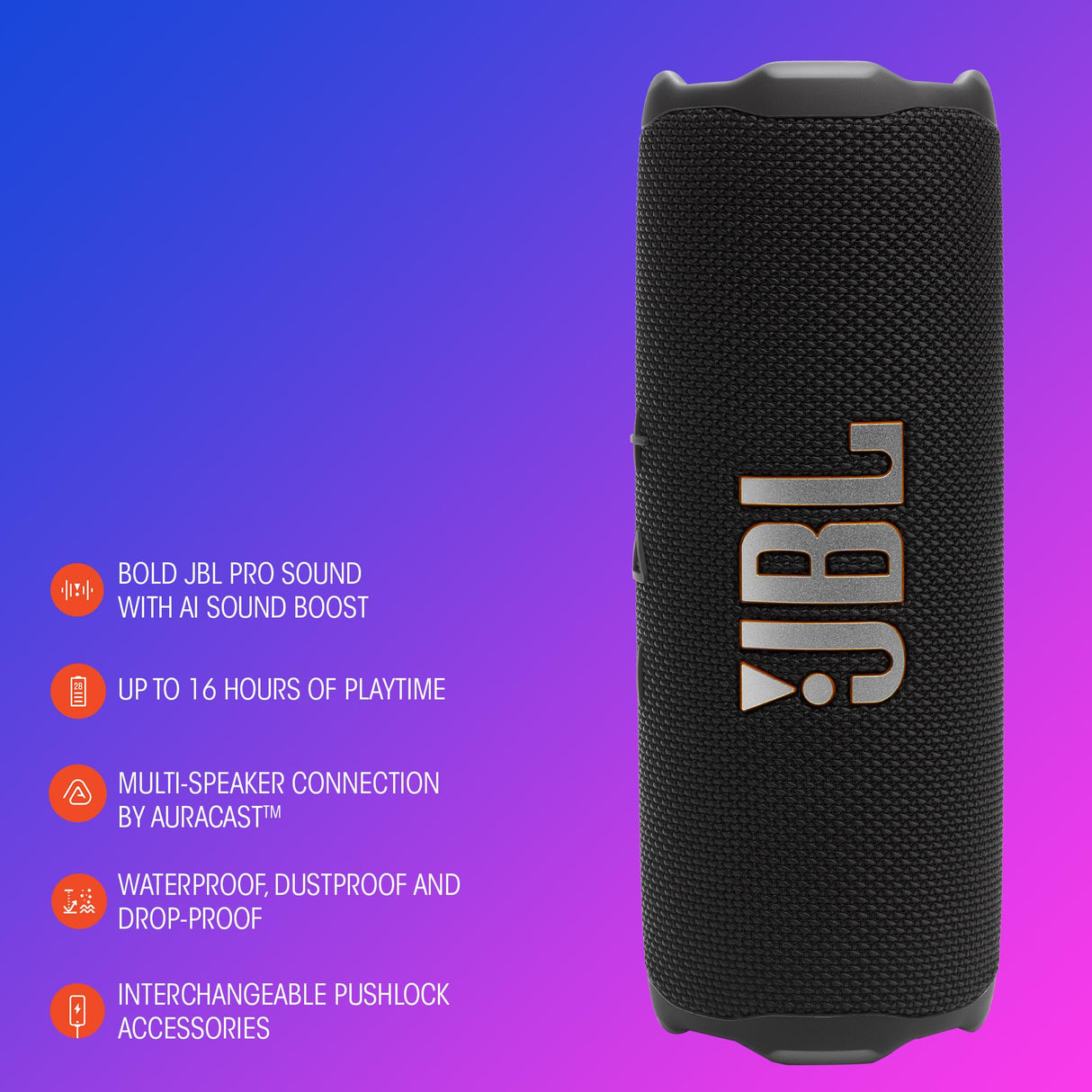 JBL Flip 7, Altavoz Bluetooth portátil inalámbrico Potente, 16h de batería, Resistente al Agua IP68, a Prueba de Polvo y caídas, Sonido Pro, AI Sound Boost, Compatible con Auracast, Violeta