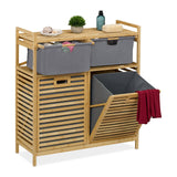 Relaxdays Estantería Baño con 2 Cestos Ropa Sucia, Basculante, 40 L, Balda y 2 Cajones, Bambú, 95x88x33 cm, Natural/Gris, Poliéster