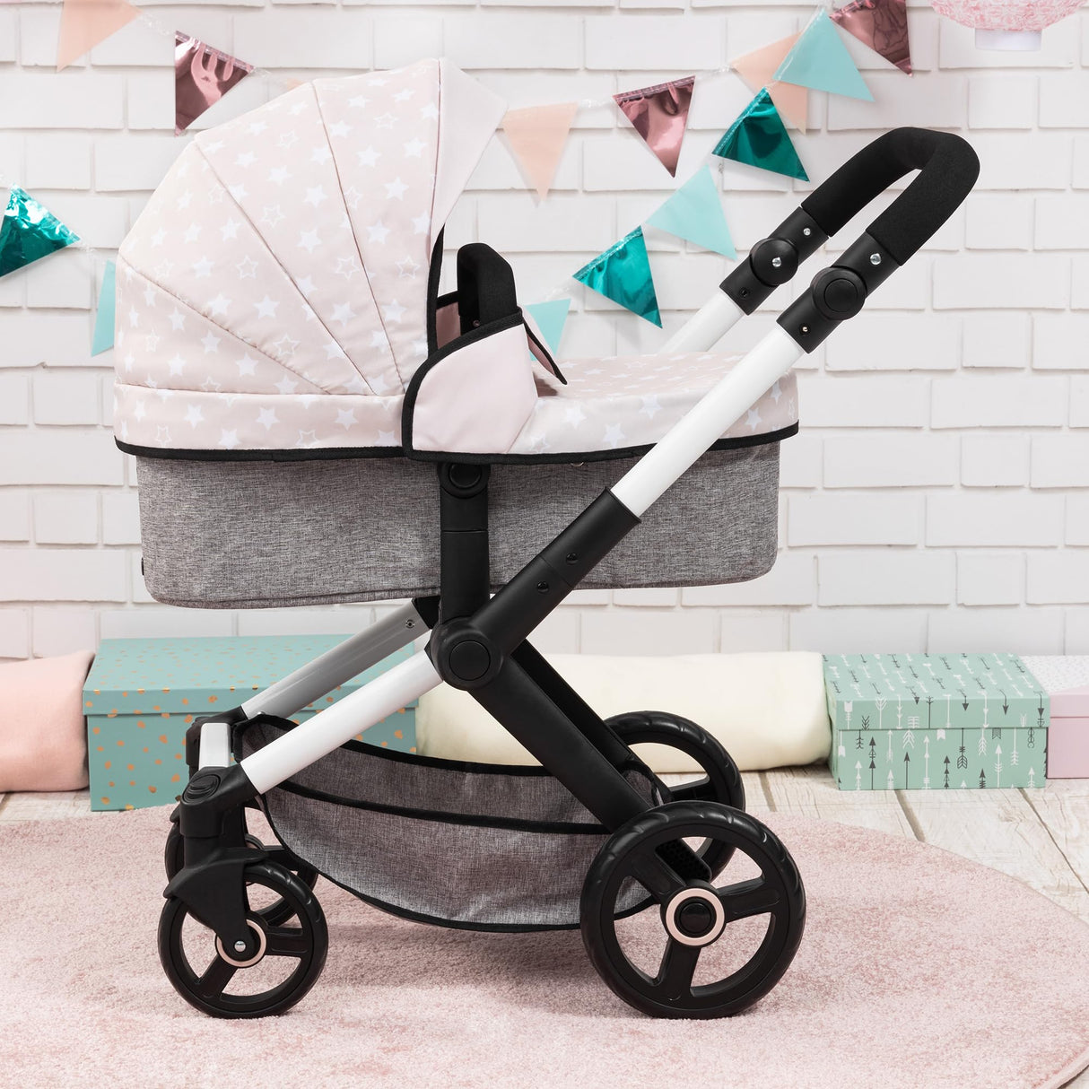Bayer Design 17031AA Cochecito de muñeca Combi Xeo, Carro para muñecos, Bolsa, Convertible, Regulable en Altura