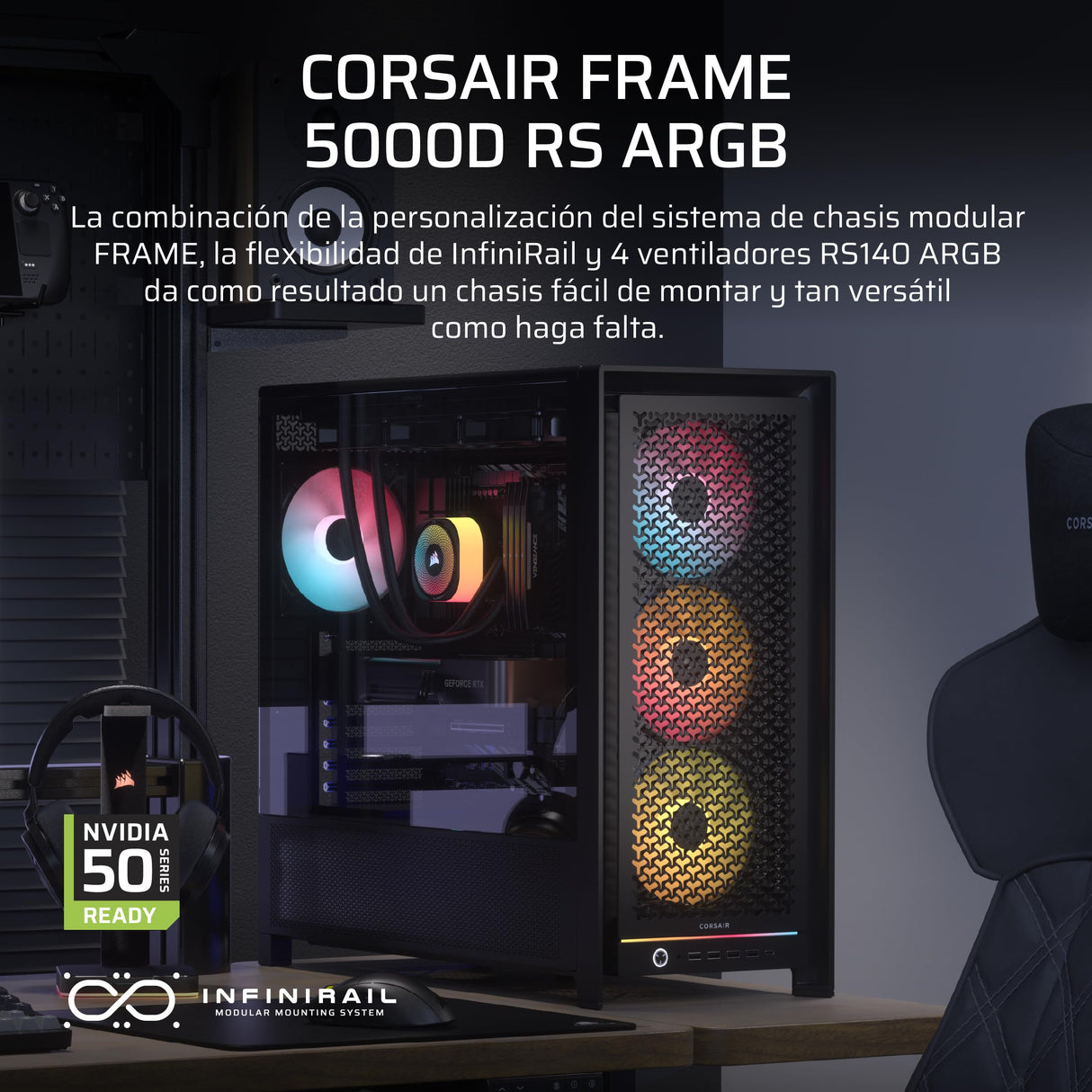 CORSAIR Frame 5000D RS ARGB Caja Modular Mid-Tower de Gran Flujo de Aire para PC – 4X Ventiladores RS Preinstalados, Sistema de Montaje de Ventiladores InfiniRail – Negro