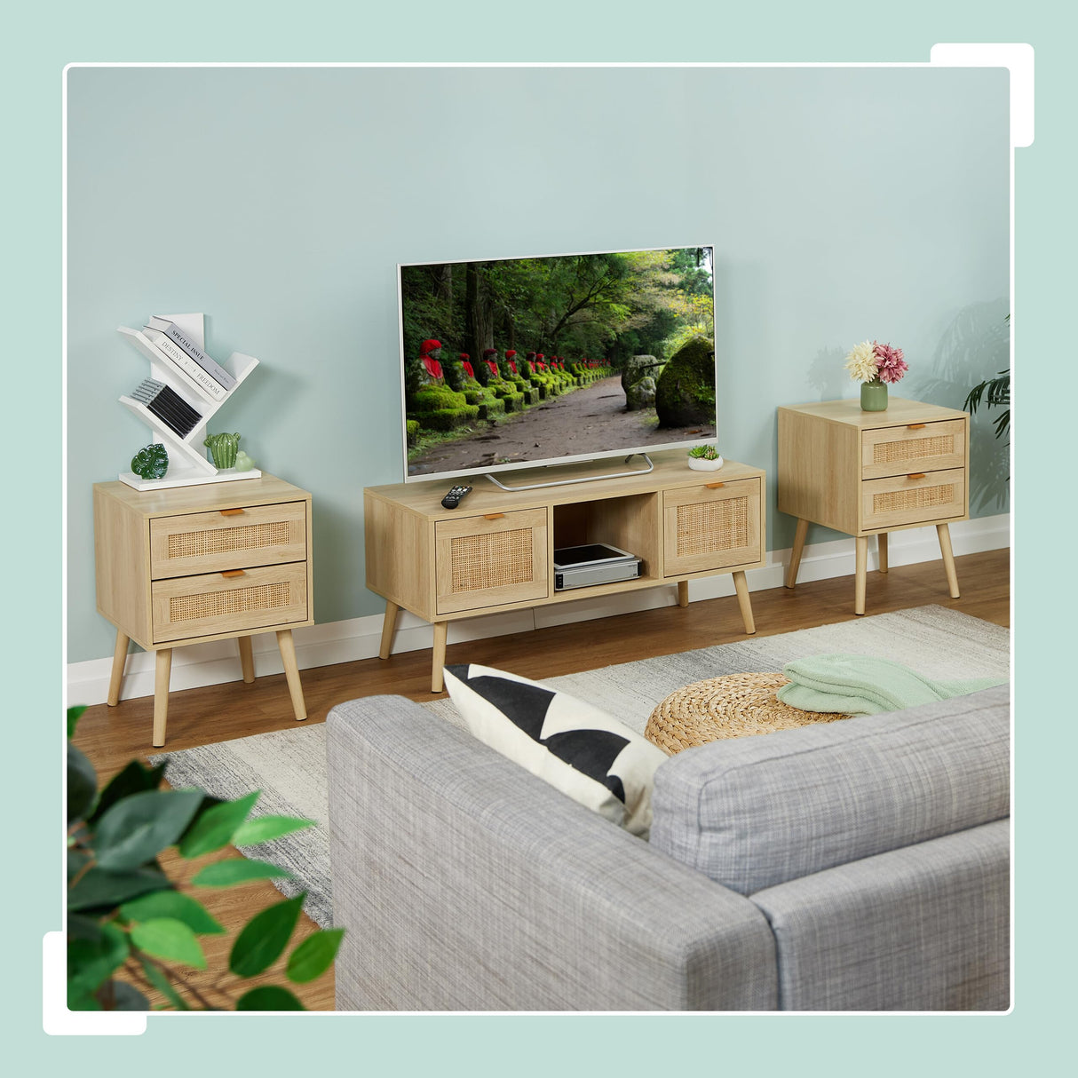 Relaxdays Mesita de Noche, Cajones, Set de 2, Estilo Ratán, Mesilla Dormitorio Efecto Madera, 55 x 40 x 41,5 cm, Natural, Tablero de Fibras, Aluminio, 2 Unidades