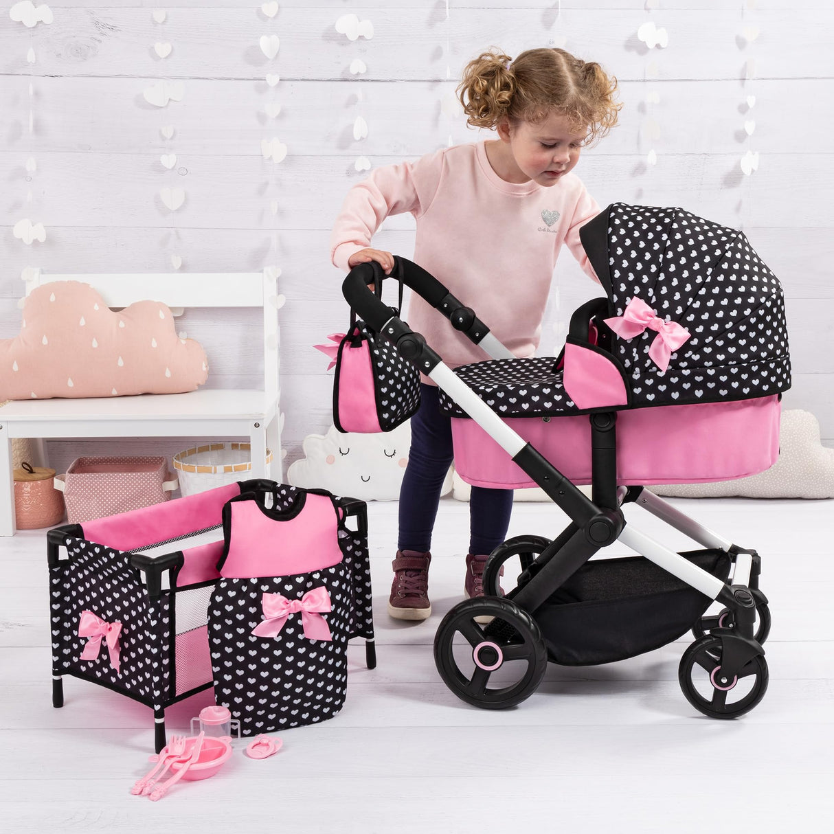 Bayer Design 17060AB Cochecito de muñeca XEO, Convertible, Regulable en Altura, Cuna de Viaje, Bolsa, Saco de Dormir, Accesorios