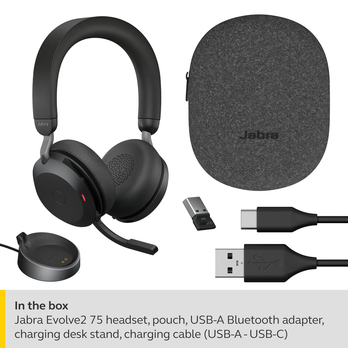 Jabra Evolve2 75-Auriculares Estéreo Inalámbricos con Estación de Carga, 8 Micrófonos, Doble Espuma y Cancelación de Ruido Activa-Adaptador Bluetooth USB-A-Compatible con MS Teams-Negro