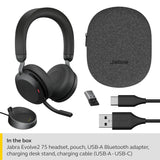 Jabra Evolve2 75-Auriculares Estéreo Inalámbricos con Estación de Carga, 8 Micrófonos, Doble Espuma y Cancelación de Ruido Activa-Adaptador Bluetooth USB-A-Compatible con MS Teams-Negro