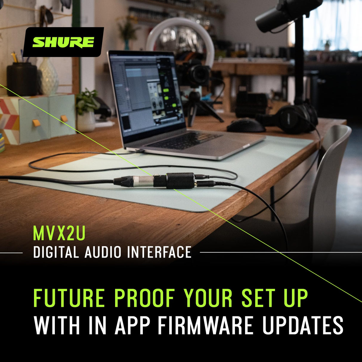 Interfaz digital Shure MVX2U XLR a USB con conector para auriculares, preamplificador integrado con control de ganancia de 60dB, monitorización sin latencia, alimentación fantasma de 48V