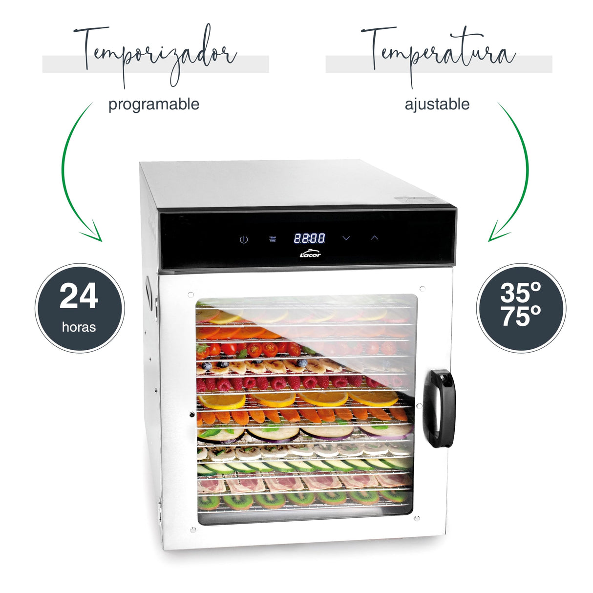 Lacor - 69524 - Deshidratador de Alimentos Dry, Gran Capacidad 14 Bandejas, Puerta Vidrio Transparente, Ventilador Silencioso, Protección Sobrecalentamiento, Uso Profesional, Acero Inoxidable, 1000W