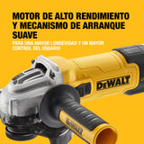 DEWALT Mini-amoladora angular eléctrica, 125mm, Potente motor 1500 W, Arranque Suave + Bloqueo, Velocidad sin carga 2800-10000 rpm, Rosca M14, Sistema de extracción de polvo, DWE4257KT-QS