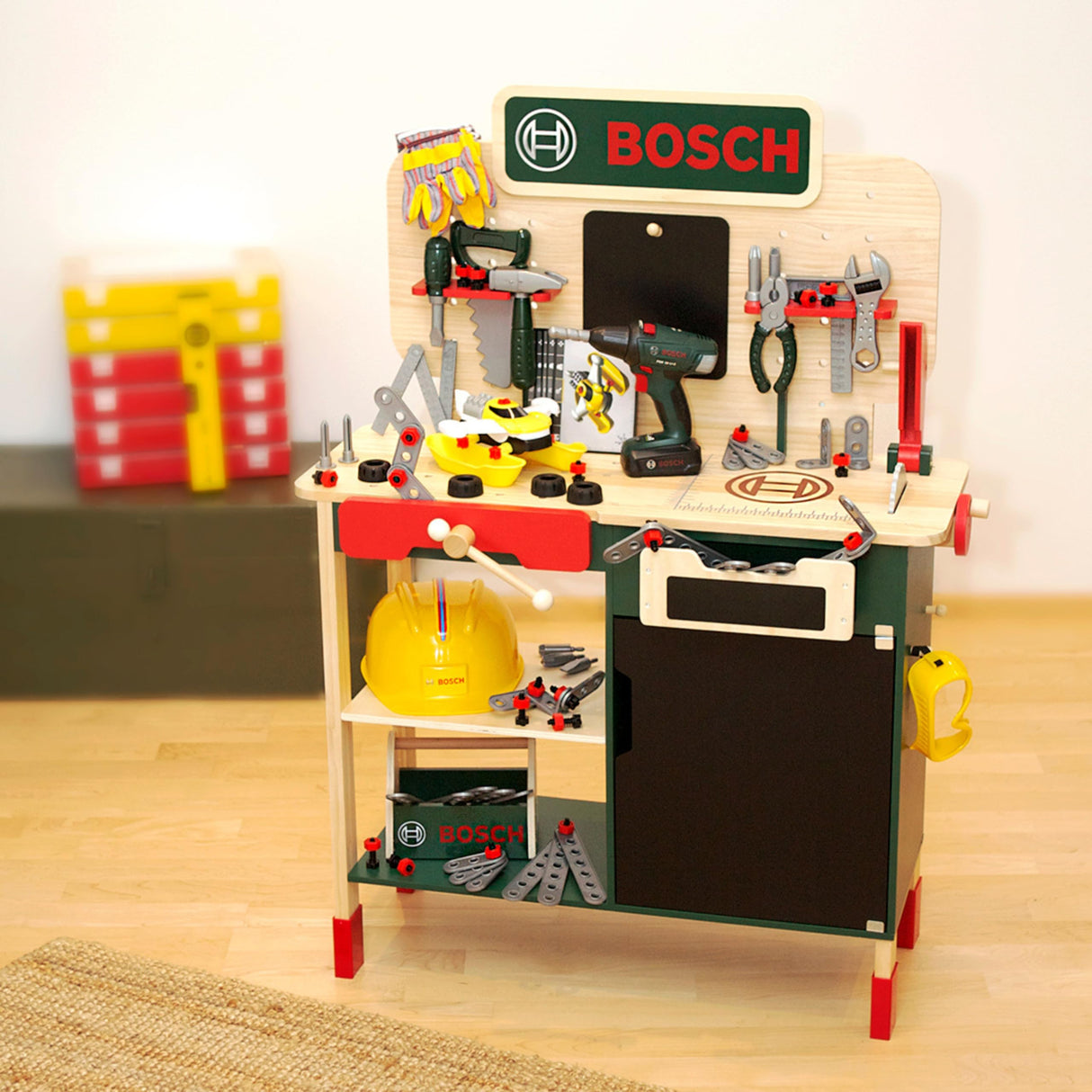Theo Klein 8734 Banco de Trabajo de Madera de Bosch y Banco de Trabajo Resistente para niños, Regulable en Altura y Taladro inalámbrico eléctrico, Herramientas con Efectos de luz y Sonido
