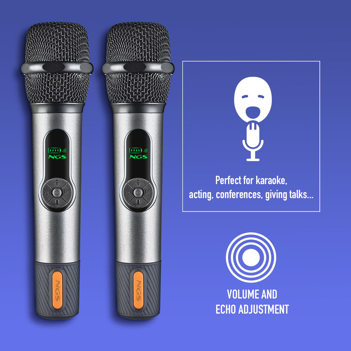 NGS Singer Star Duo – Pack 2 Micrófonos Inalámbricos Dinámico 2,4GHz, Autonomía 30h, Control de Volumen y Eco, Indicador de Batería, Conexión Jack 3,5mm y 6,3mm – Ideal para Karaokes y Eventos