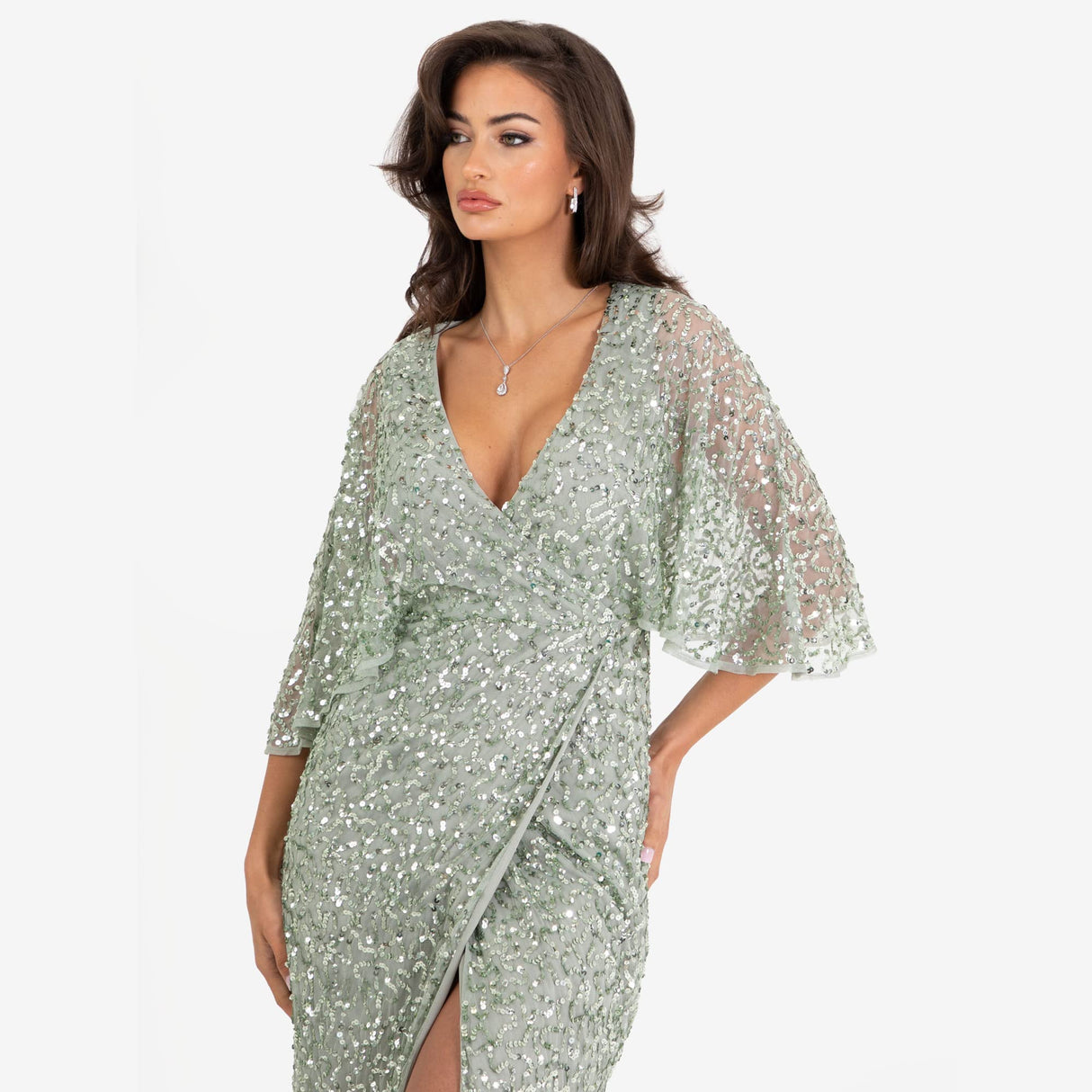 Maya Deluxe Womens Midi Ladies Sequin Embellished Cape Sleeve Wrap Dress for Wedding Guest Bridesmaid Cocktail Prom Evening Vestido, Green Lily, 44 para Mujer