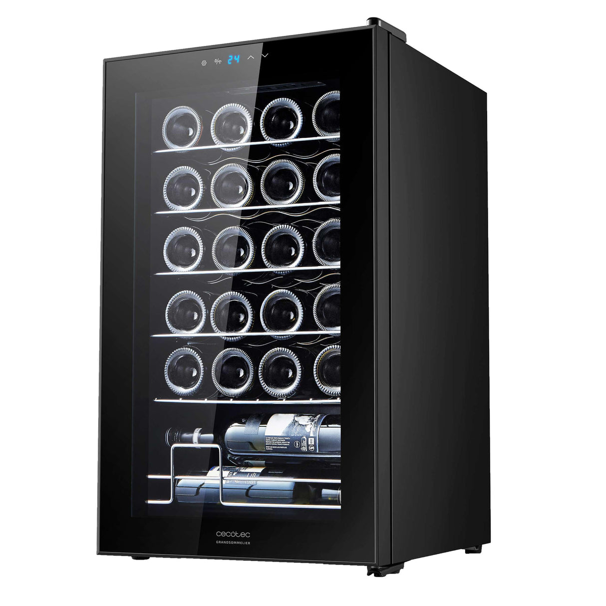Cecotec Vinoteca 24 Botellas GrandSommelier 24000 Black. Compresor Silencioso, 5-18ºC, Control Táctil, Luz LED, Puerta Negra, Estantes Inox, Eficiencia Energética Clase G