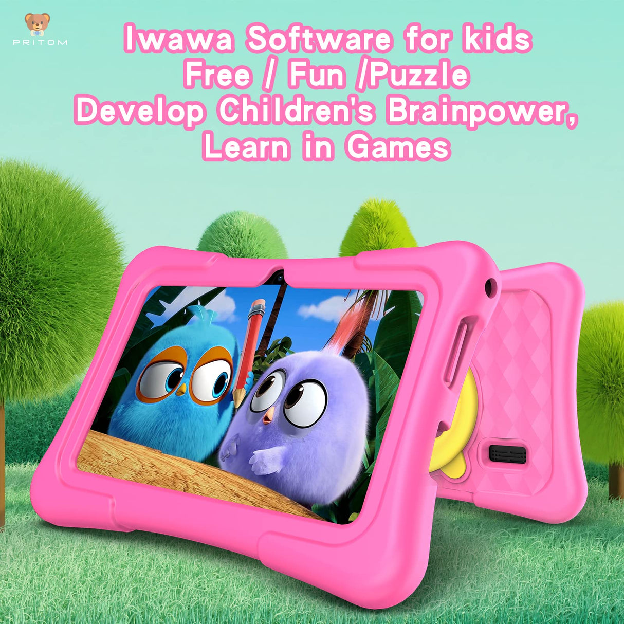 PRITOM Kids Tablet 7 Pulgadas, Android 11, 2GB RAM 32GB ROM, BT, WiFi, cámara Dual, Educativo, Control Parental, Software para niños con Estuche para Tableta para niños, Tipo C, Rosa