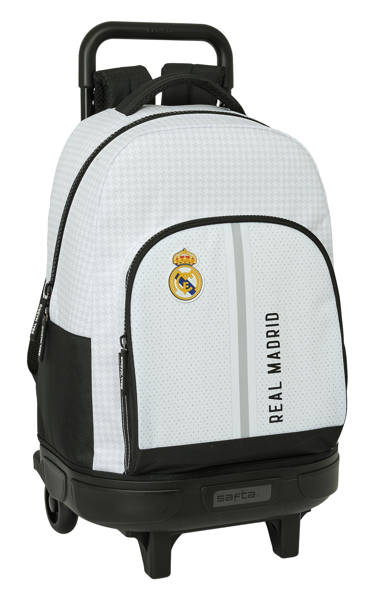 Real Madrid 1ª EQUIPACIÓN 24/25 - Mochila Grande con Ruedas, Compacta, Extraíble, Ideal para Niños de Diferentes Edades, Cómoda y Versátil, Calidad y Resistencia, 33x22x45 cm, Color Blanco/Gris