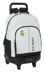 Real Madrid 1ª EQUIPACIÓN 24/25 - Mochila Grande con Ruedas, Compacta, Extraíble, Ideal para Niños de Diferentes Edades, Cómoda y Versátil, Calidad y Resistencia, 33x22x45 cm, Color Blanco/Gris