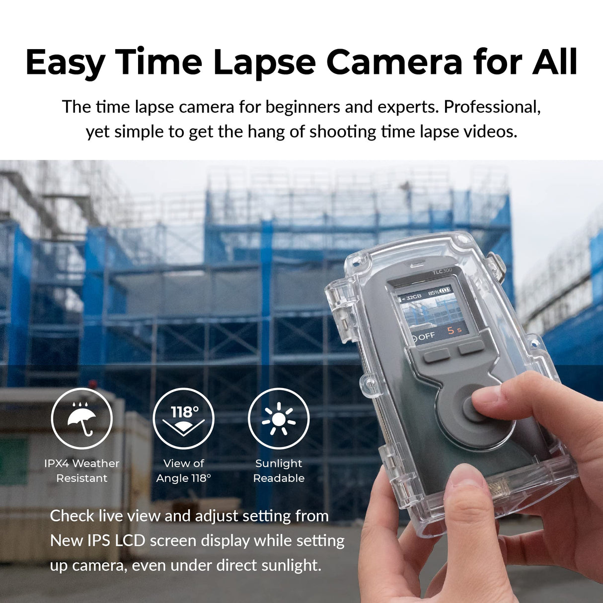 Brinno BCC300-C Timelapse Video Bundle - Cámara TLC300 1080P FHD y HDR, 118°FOV, Pantalla LCD IPS 1.44”, Carcasa IPX4, Abrazadera, Fácil de Usar en Obras de Construcción, Interiores y Exteriores