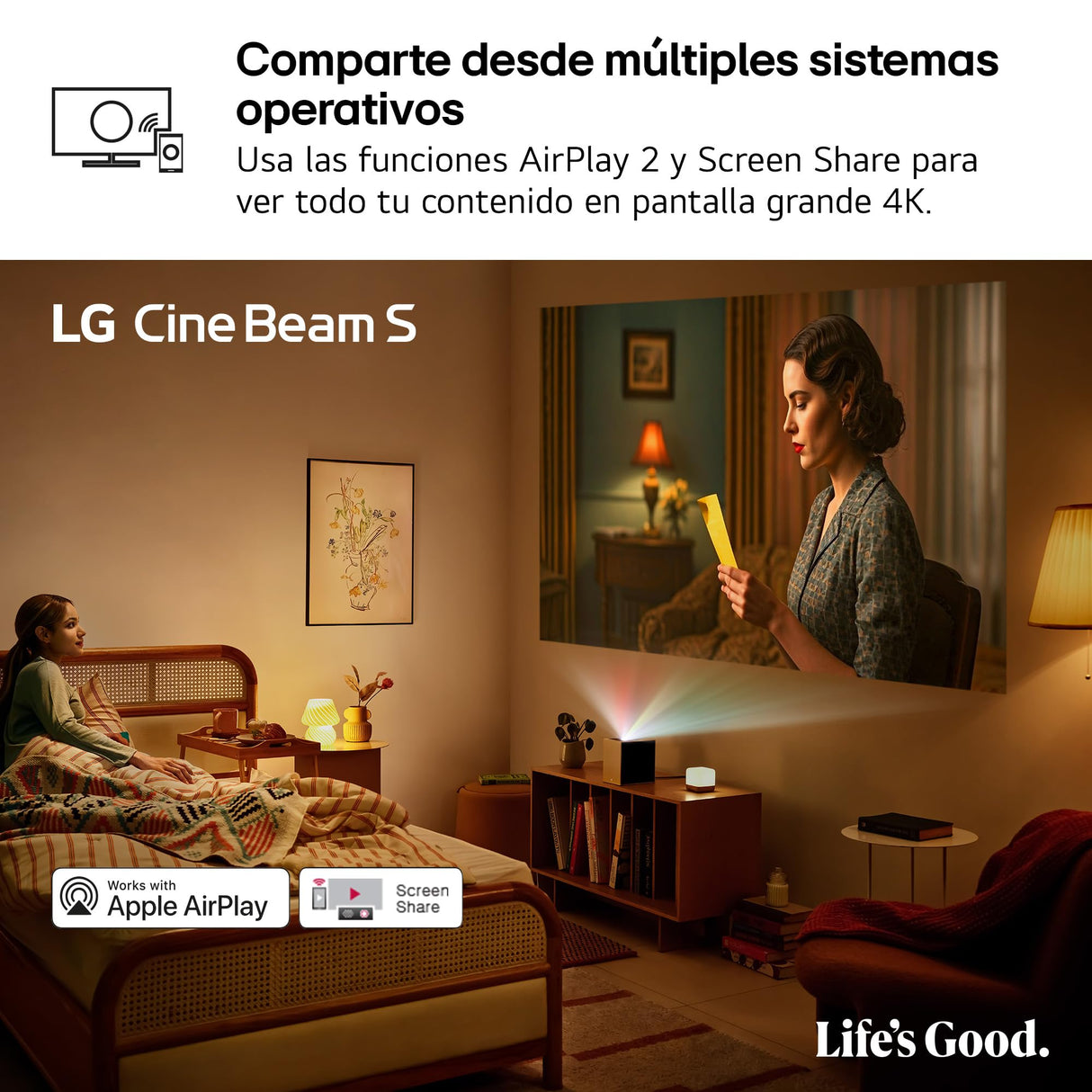 LG PU615U - Proyector CineBeam S, 4K UHD, 40 hasta 100", Smart TV con webOS, Tiro Ultra Corto, Láser RGB 500 Lúmenes, Dolby Atmos, HDMI eARC y USB-C
