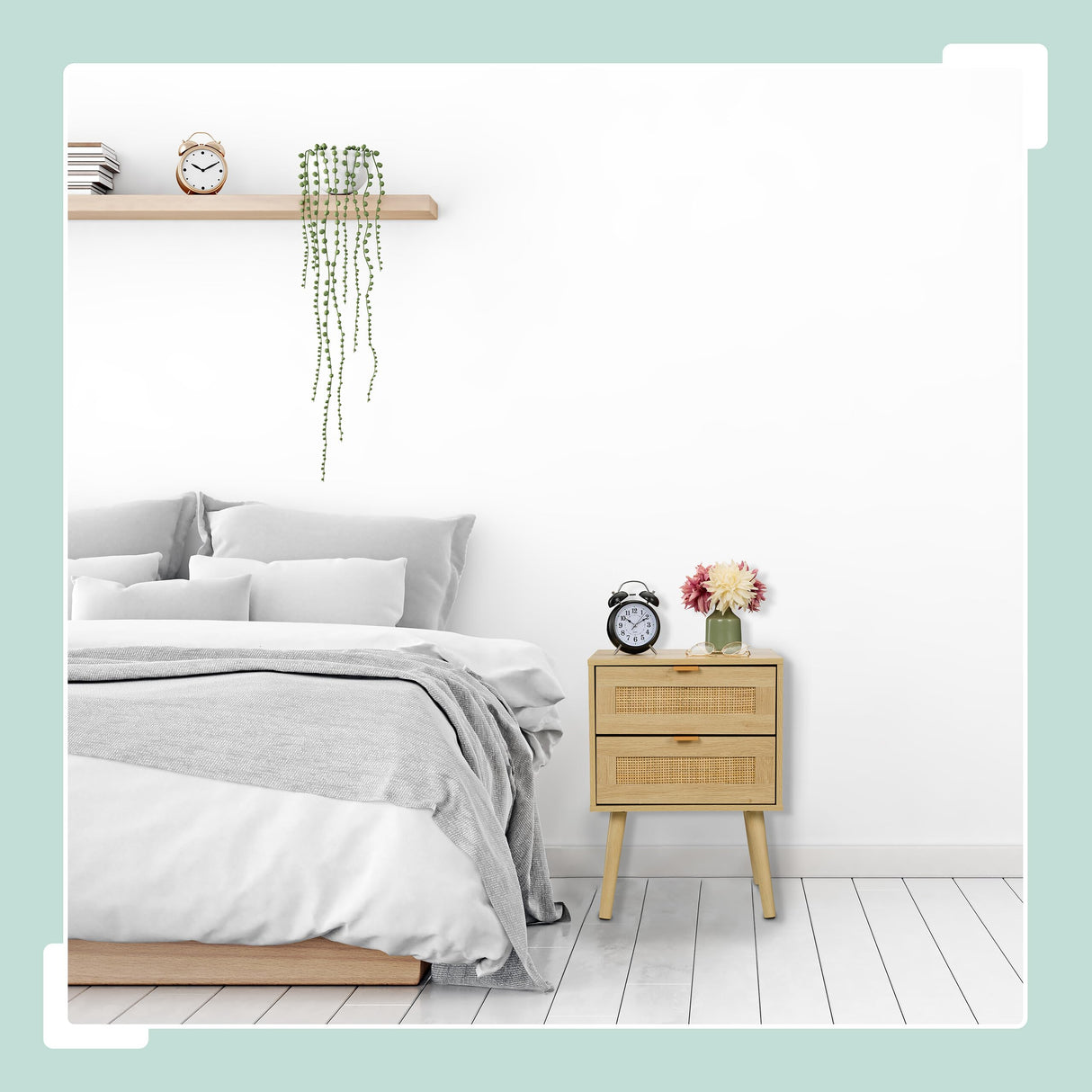 Relaxdays Mesita de Noche, Cajones, Set de 2, Estilo Ratán, Mesilla Dormitorio Efecto Madera, 55 x 40 x 41,5 cm, Natural, Tablero de Fibras, Aluminio, 2 Unidades