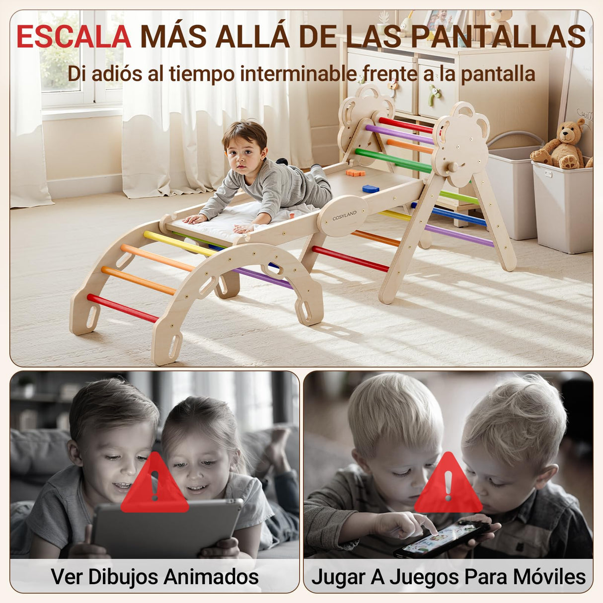 COSYLAND 8 en 1 Triángulo de Escalada Montessori con Arco y Rampa, Set Plegable Infantil, Juguete de Madera Resistente para Interior, Niños 18 Meses-6 años, Colores Arcoíris, Grande