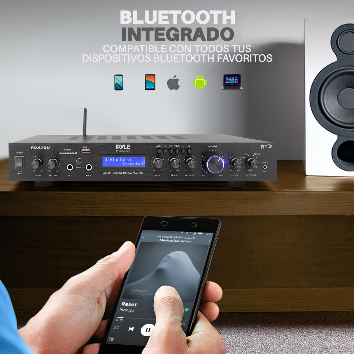 Pyle Amplificador de Audio, Receptor, Montaje en Rack de 5 Canales, Cine en casa, Transmision inalambrica Bluetooth, Radio MP3/USB/SD/AUX/FM, 200V, Pantalla LCD Digital ID3