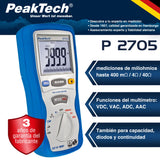 PeakTech 2705 – Miliamperímetro digital con cables de prueba Kelvin de 4 pines, TUV/GS, medición de miliohmios, corriente, multímetro, probador de continuidad, gráfico de barras - CAT III 1000 V