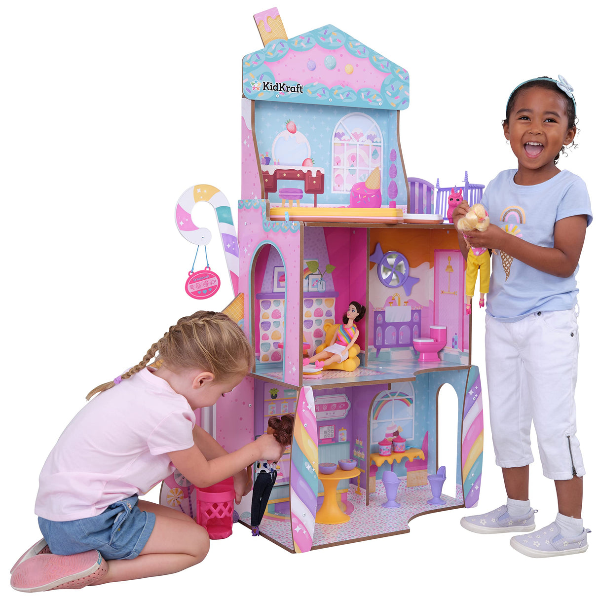 KidKraft Casa de Muñecas de Madera Castillo de Caramelo con Muebles y Accesorios, Casita con Figura de Lama Unicornio, para muñecas de 30 cm, Juguetes niños y niñas 3+ años (20242)