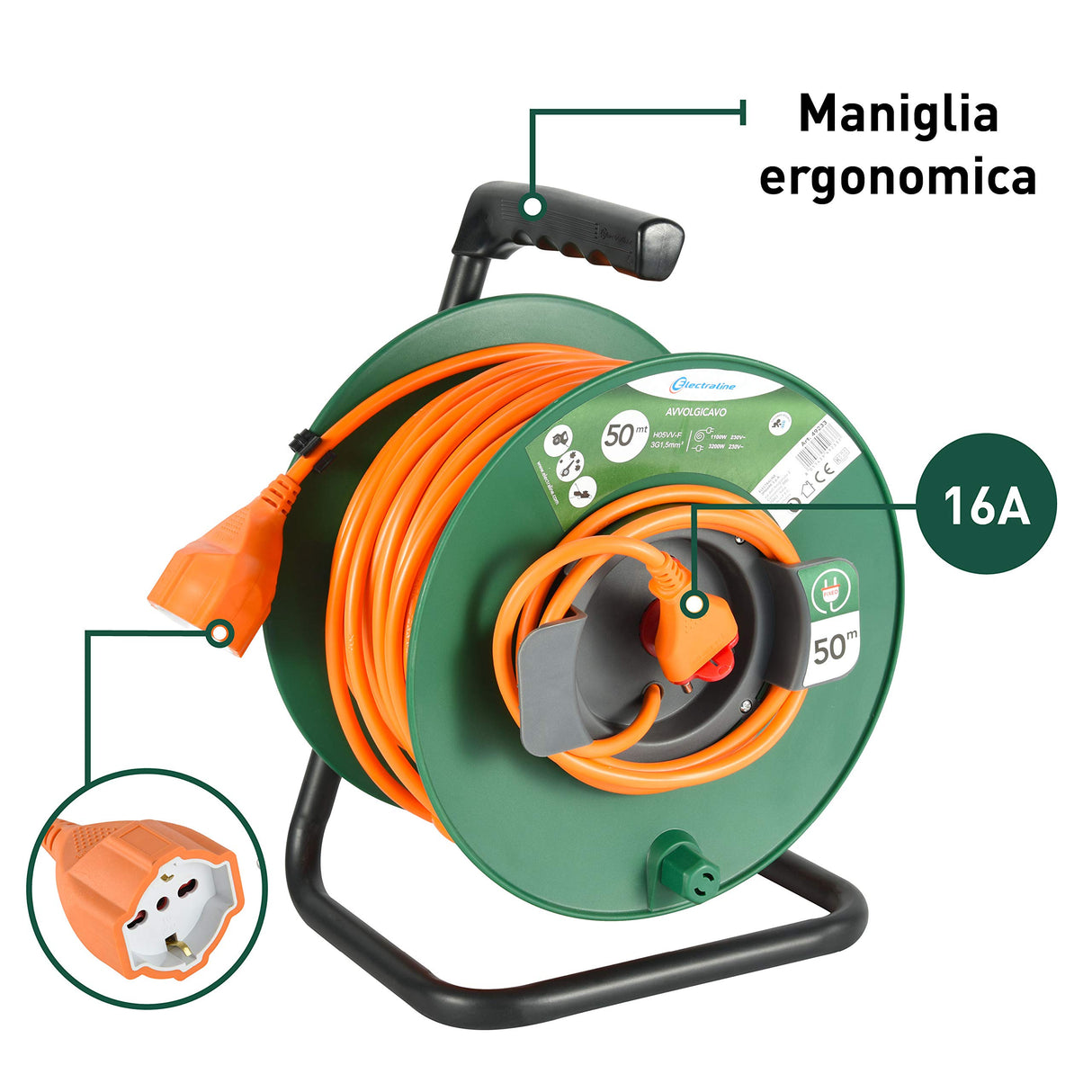 Electraline 49233 - Carrete De Cable Jardín, Longitud 50 M, Socket Universal Sección Cable 3X15 Mm, Naranja/Verde