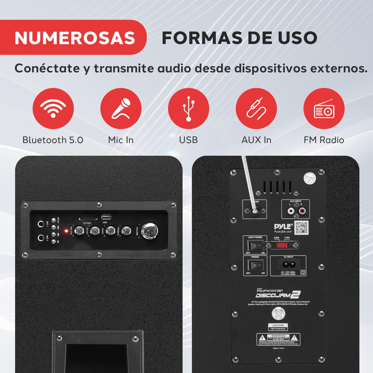 PYLE Altavoz Bluetooth, PA, 2000W, Portatil, Recargable, Exteriores, Subwoofer de 10”, Tweeter de 1”, función de grabación, micrófono, Luces de Fiesta, Radio USB/SD