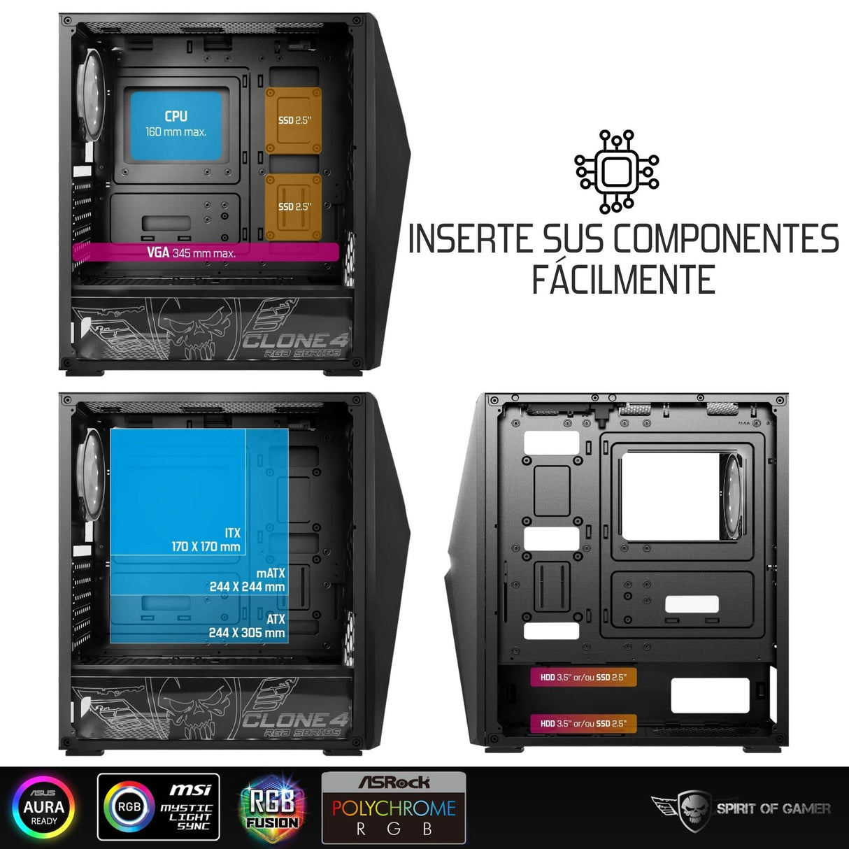 SPIRIT OF GAMER - Clone 4 - Caja PC Gaming RGB con Pared Transparente De Vidrio Templado - CREA Tu Propia Torre PC Gamer - Torre Compatible con ATX/MATX/ITX - 2 Ventiladores de 120 mm incluidos