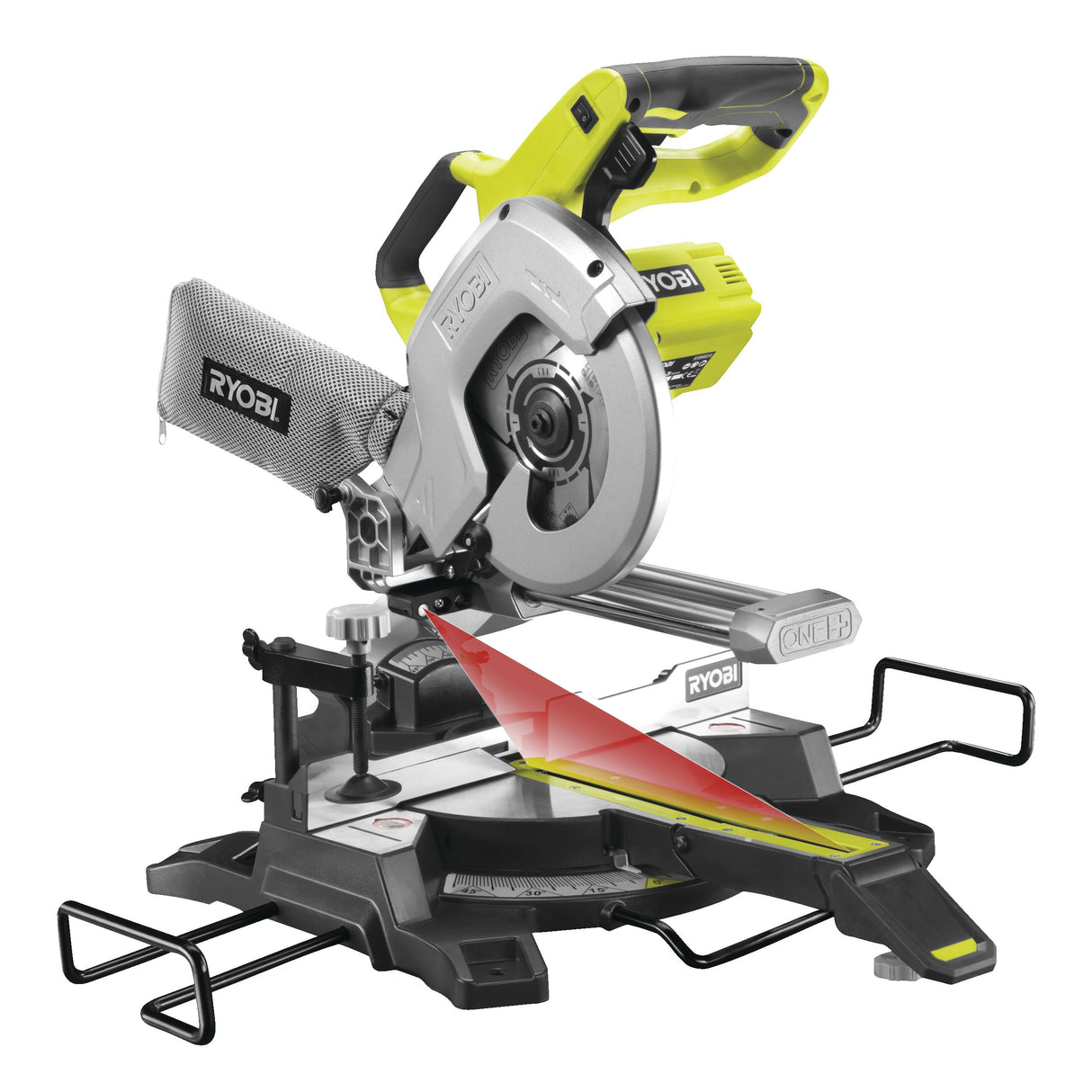 RYOBI - Ingletadora Radial a Batería 18V ONE+ 216 mm - Capacidad 70 x 270 mm a 90° - Guía Láser - Entregada con 1 Hoja de 48 Dientes, 1 Bolsa de Polvo (sin Cargador ni Batería) - R18MS216-0