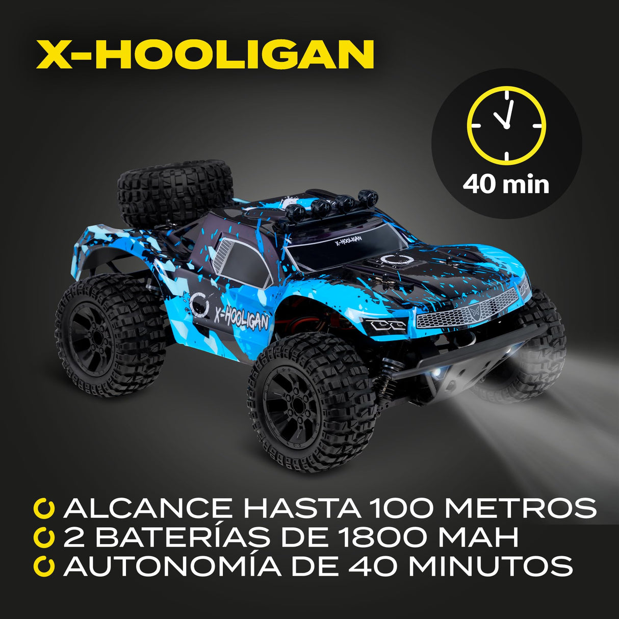 Overmax X-Hooligan Gran Coche de Control Remoto Rápido Escala 1:10 Velocidad 35 km/h Alcance 100 Metros 4x4 Drive 40 Minutos Conducción Diversión Iluminación LED