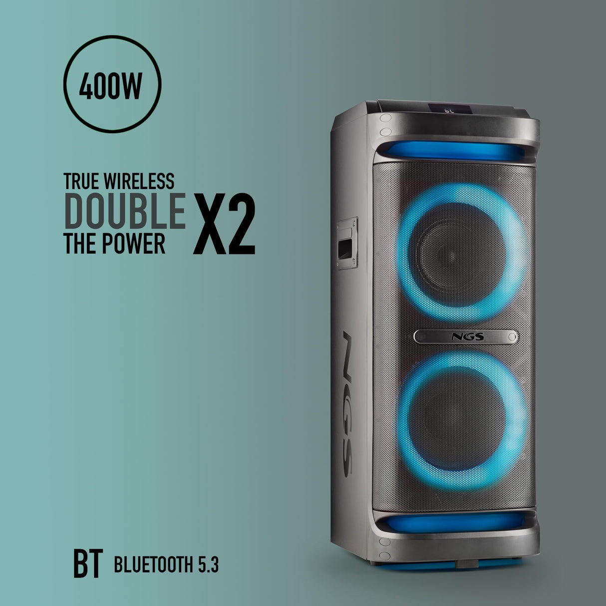 NGS Wild Space 2 - Altavoz Portátil, Compatible con Tecnología Bluetooth, True Wireless Stereo, Subwoofer + Doble Tweeter, Micro SD/USB/AUX IN, Ruedas, Color Negro