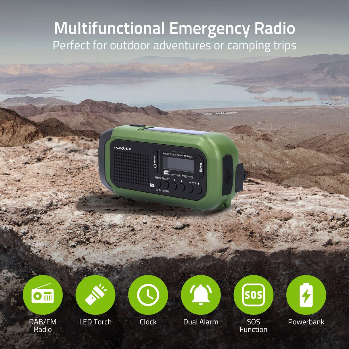 Radio de Emergencia – Versión portátil – Dab+ / FM – Funciona con Pilas/manivela/energía Solar/alimentación Mediante USB – Despertador – Verde/Negro