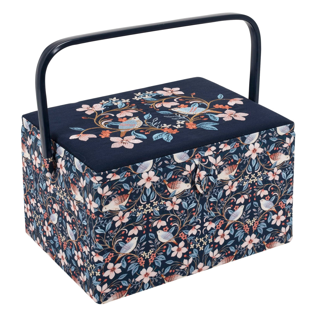 Hobby Gift Caja de costura grande - Pájaros en flores de tela de algodón bordada con asa de plástico, bandeja interior de plástico duro con compartimentos, alfiletero 23,5x31x20cm