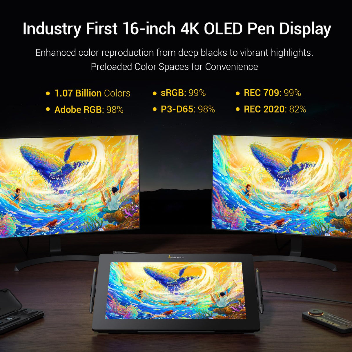 Xencelabs Pen Display 16 Bundle 4K OLED Tableta Gráfica Profesional con Pantalla de 16" con Quick Keys Monitor de Dibujo y 2 Plumas sin Batería para Windows-Arm/Windows/Mac/Linux