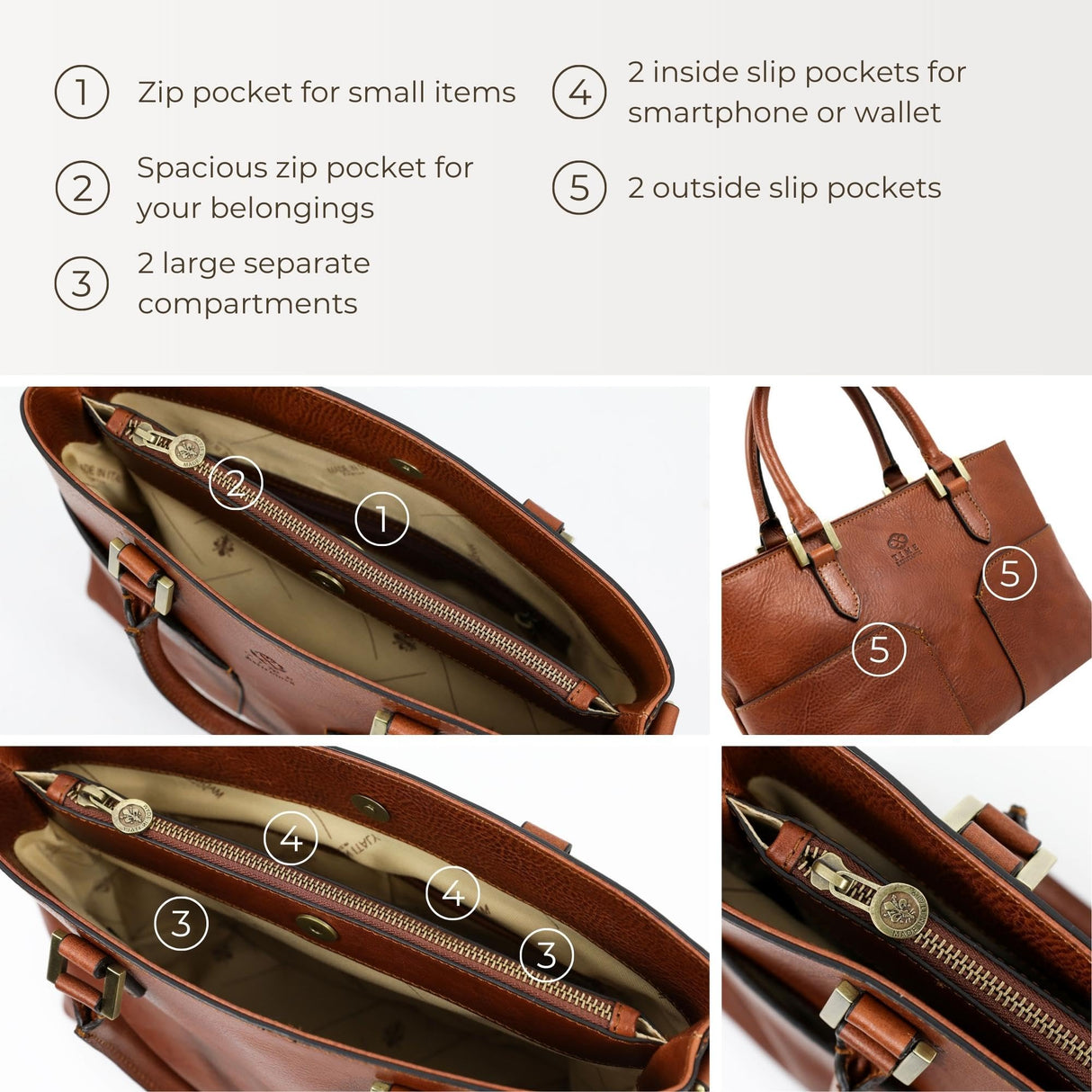 Time Resistance Bolso de Cuero de Grano Completo para Mujer Bolso de Mano de Cuero con Asa Superior - Tote