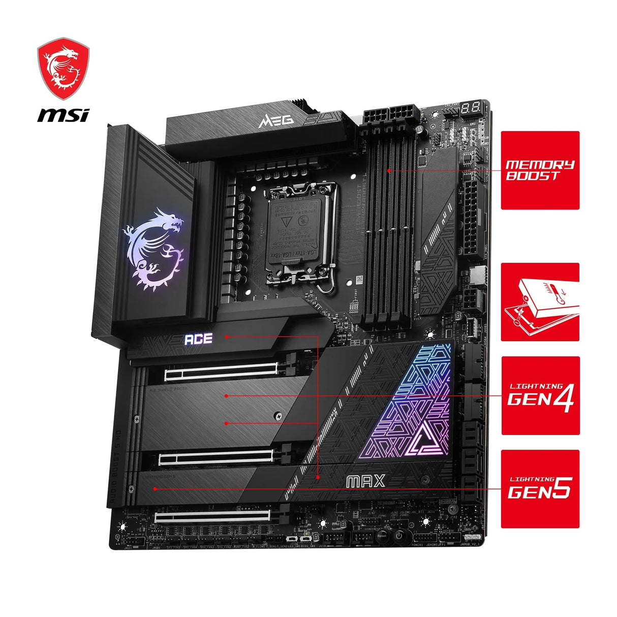MSI Meg Z790 Ace MAX, Placa Base E-ATX, Admite Procesadores Intel 12 y 13 Gen Core, LGA 1700, 105A SPS VRM, DDR5 7800+MHz/OC, PCIe 5.0 x16, M.2 Gen5, LAN Dual 2.5G, Wi-Fi 7, Thunderbolt 4