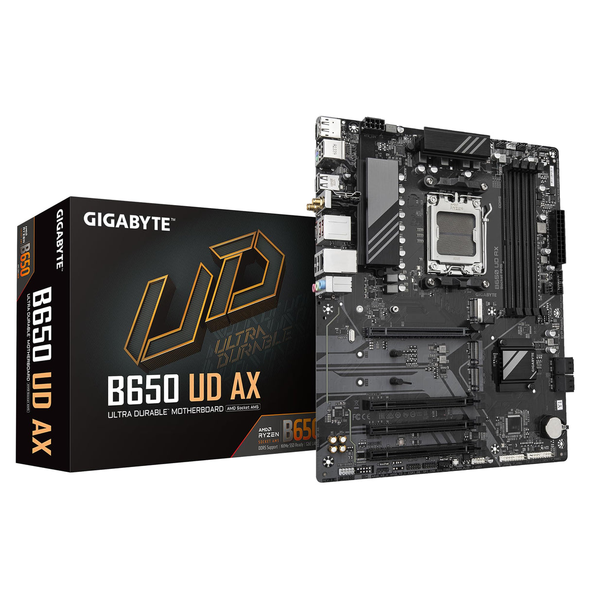 GIGABYTE B650 UD AX Placa Base - Compatible con CPUs AMD Ryzen Serie 9000, VRM de 6+2+2 Fases, hasta 7600MHz DDR5 (OC), 1x PCIe 5.0 + 2X PCIe 4.0 M.2, LAN GbE, Wi-Fi 6, USB 3.2 Gen 2