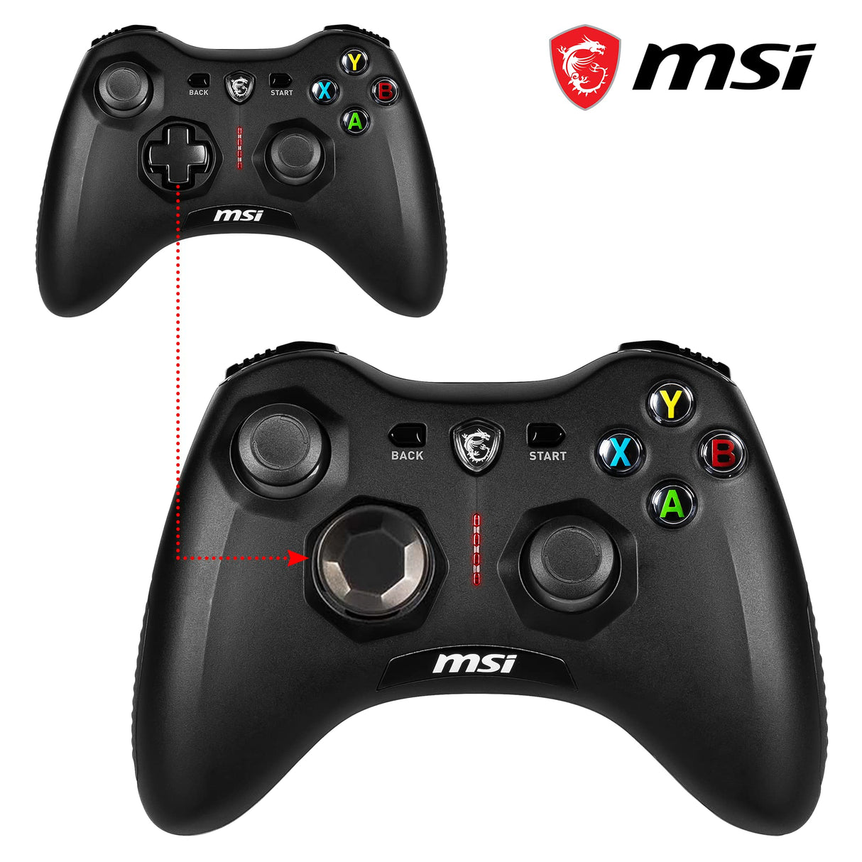 MSI FORCE GC30 V2 Controlador Gamepad Inalámbrico para PC - 2.4 GHz, Batería 600mAh Li-ion, Cubiertas D-Pad Intercambiables, 2 Motores de Vibración, USB 2.0 - Con Cable/Inalámbrico