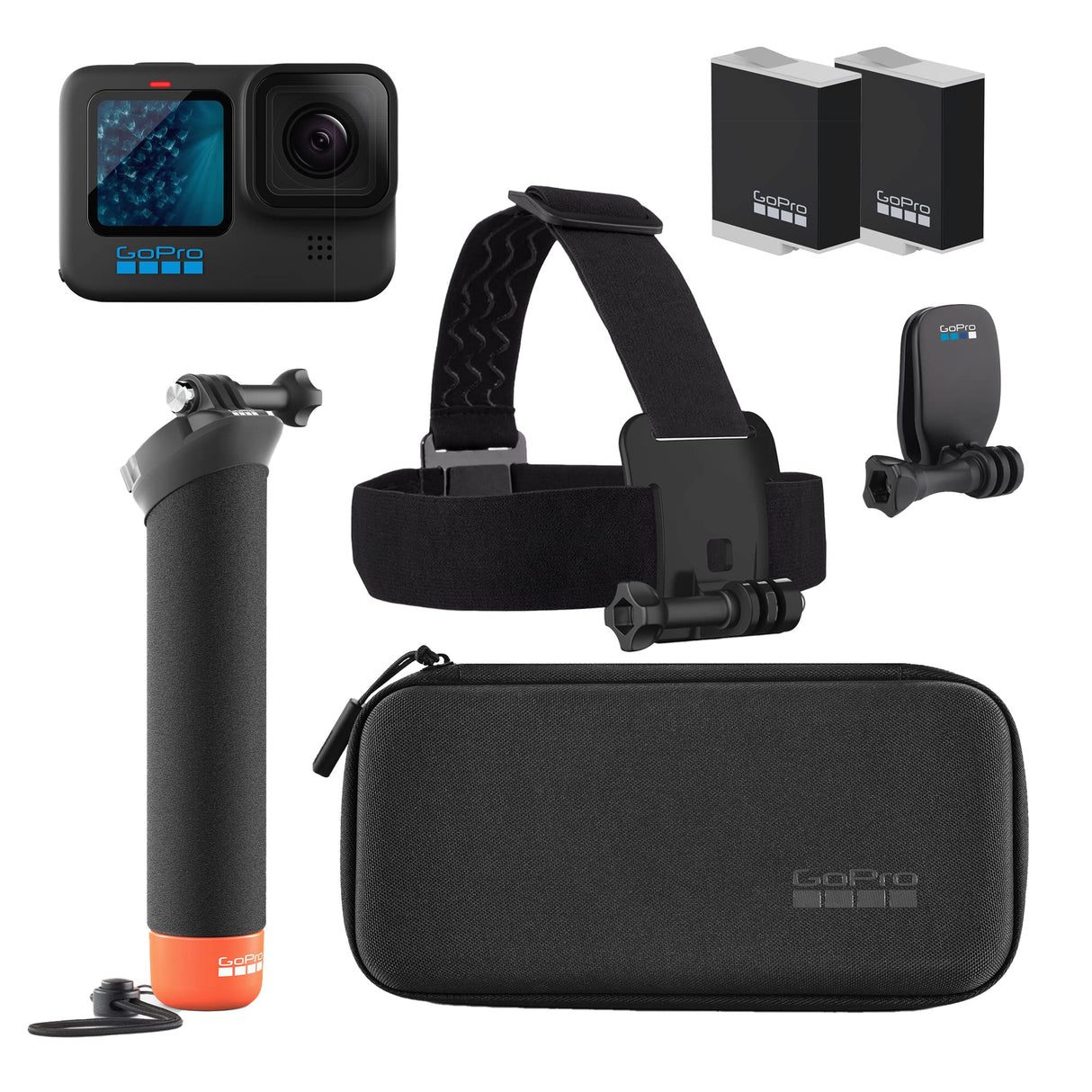 GoPro Paquete de Accesorios HERO11 Black: Incluye batería de Enduro Adicional (2 en Total), The Handler (empuñadura Flotante), Correa para la Cabeza + Clip rápido y Estuche de Transporte