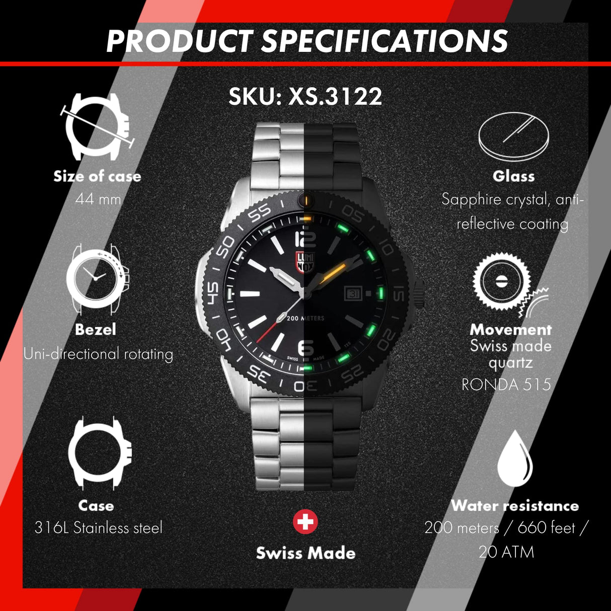 Luminox Reloj Término análogo para Hombre de Cuarzo con Correa en Acero Inoxidable XS.3122