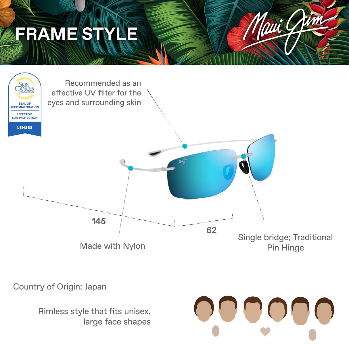 Maui Jim Hema Gafas, Crystal Matte, 62-14-145 Unisex Adulto
