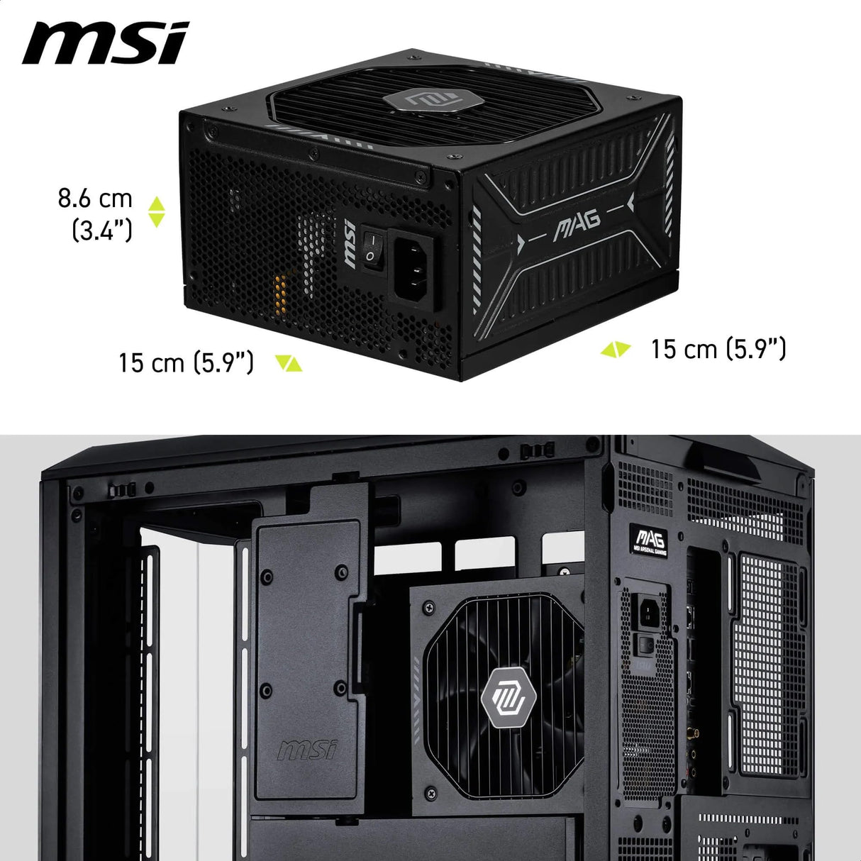 MSI mag A850GLS PCIE5, Fuente de alimentación, 850W, 80 Plus Gold, ATX 3.1, Compatible con GPU PCIe 5.1, 12V-2x6 nativos, Conector 12V-2x6 de Dos Colores, Fuente de alimentación ATX