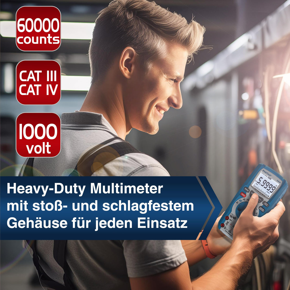 PeakTech 3441 – Multímetro digital RMS con 60,000 recuentos, multímetro de mano profesional para cables eléctricos, TUV/GS, medidor de voltaje, probador de continuidad - CAT III 1000V