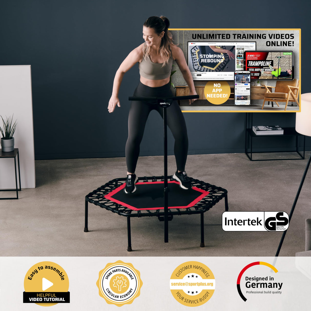 SportPlus Trampolín Fitness con Mango Regulable – Cama Elástica para Adultos – Ideal para Ejercicios en Casa - Carga Máxima de 130 Kg - Diámetro 110 cm