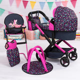 Bayer Design 17080AB Cochecito de muñeca XEO, Convertible, Regulable en Altura, Trona para muñeco bebé, Bolsa, Saco de Dormir, Gimnasio Actividades, Accesorios