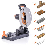 Evolution Power Tools - R355CPS Sierra tronzadora multimaterial, Corta acero dulce, aluminio, plástico, incluso madera con clavos incrustados, 355 mm